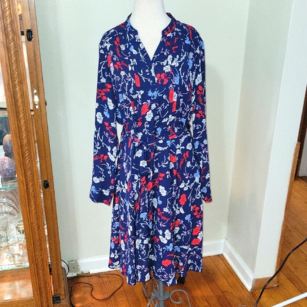 NWOT Nanette Lepore Floral Navy Belted Midi Dress SZ 14